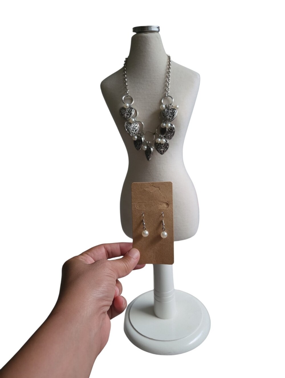 Silver Toned Heart Pendant Pearl Statement Necklace with Pearl Drop Earrings